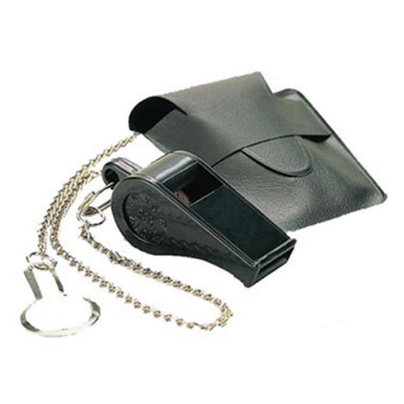Silbato negro con cadena metálica y funda